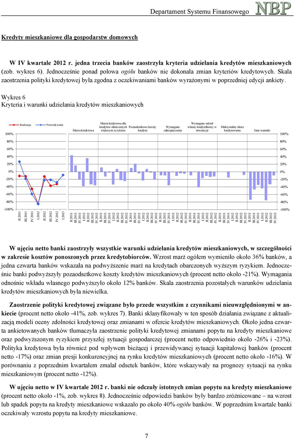 Wykres 6 Kryteria i warunki udzielania kredytów mieszkaniowych 10 Realizacja Przewidywania Marża kredytowa Marża kredytowa dla kredytów obarczonych Pozaodsetkowe koszty większym ryzykiem kredytu