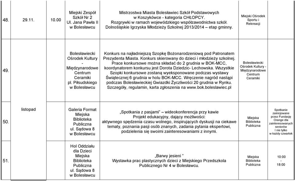 Konkurs skierowany do dzieci i młodzieży szkolnej. Prace konkursowe można składać do 2 grudnia w BOKMCC, koordynatorem konkursu jest Dorota Dziedzic Lechowska.