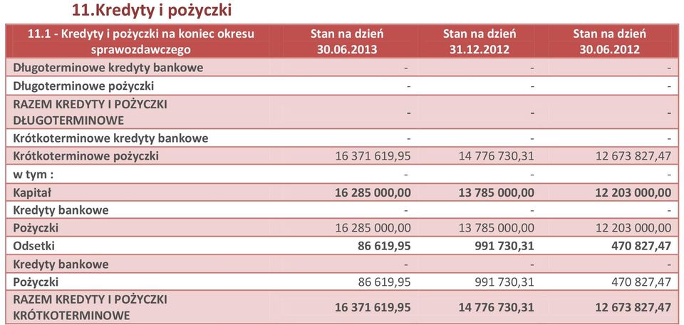 2012 Długoterminowe kredyty bankowe Długoterminowe pożyczki RAZEM KREDYTY I POŻYCZKI DŁUGOTERMINOWE Krótkoterminowe kredyty bankowe Krótkoterminowe pożyczki 16 371