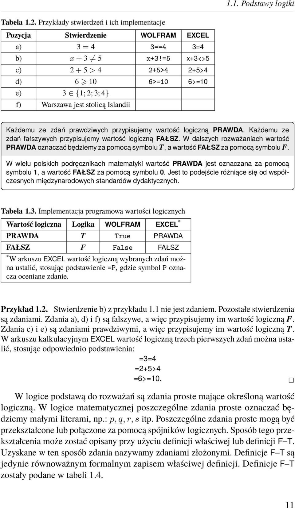 Każdemu ze zdań fałszywych przypisujemy wartość logiczną FAŁSZ. W dalszych rozważaniach wartość PRAWDA oznaczać będziemy za pomocą symbolu T, a wartość FAŁSZ za pomocą symbolu F.