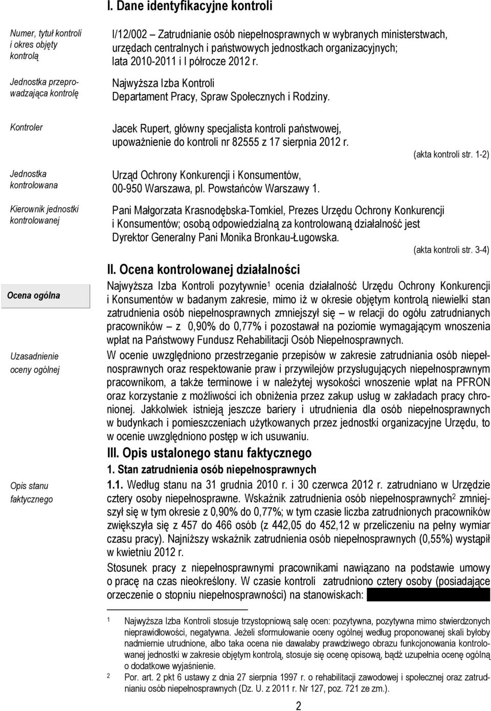 półrocze 2012 r. Najwyższa Izba Kontroli Departament Pracy, Spraw Społecznych i Rodziny. Jacek Rupert, główny specjalista kontroli państwowej, upoważnienie do kontroli nr 82555 z 17 sierpnia 2012 r.