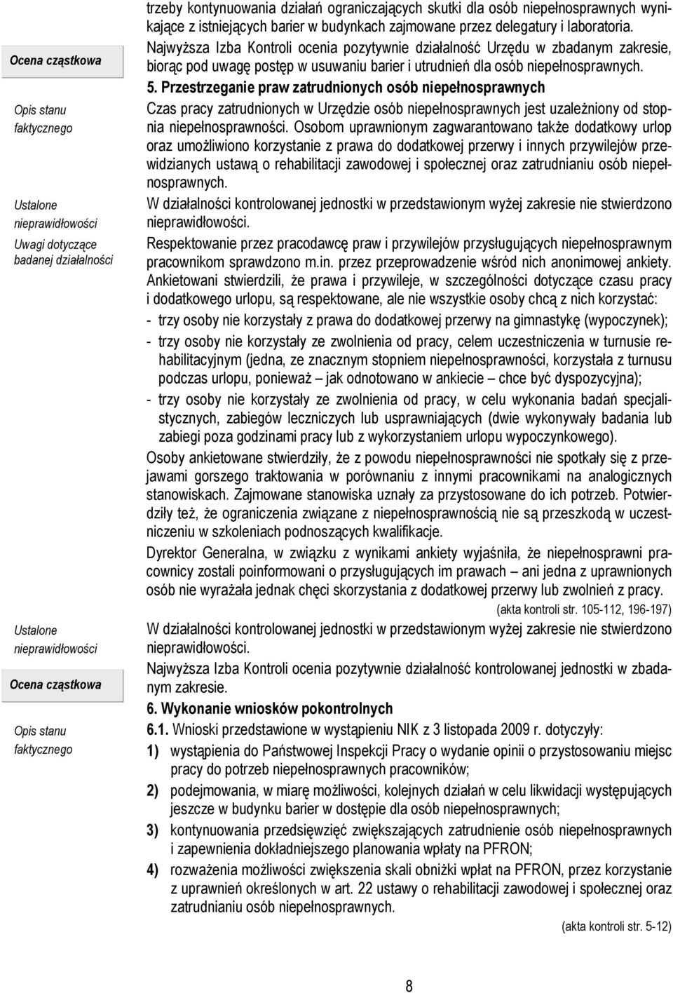 Najwyższa Izba Kontroli ocenia pozytywnie działalność Urzędu w zbadanym zakresie, biorąc pod uwagę postęp w usuwaniu barier i utrudnień dla osób niepełnosprawnych. 5.