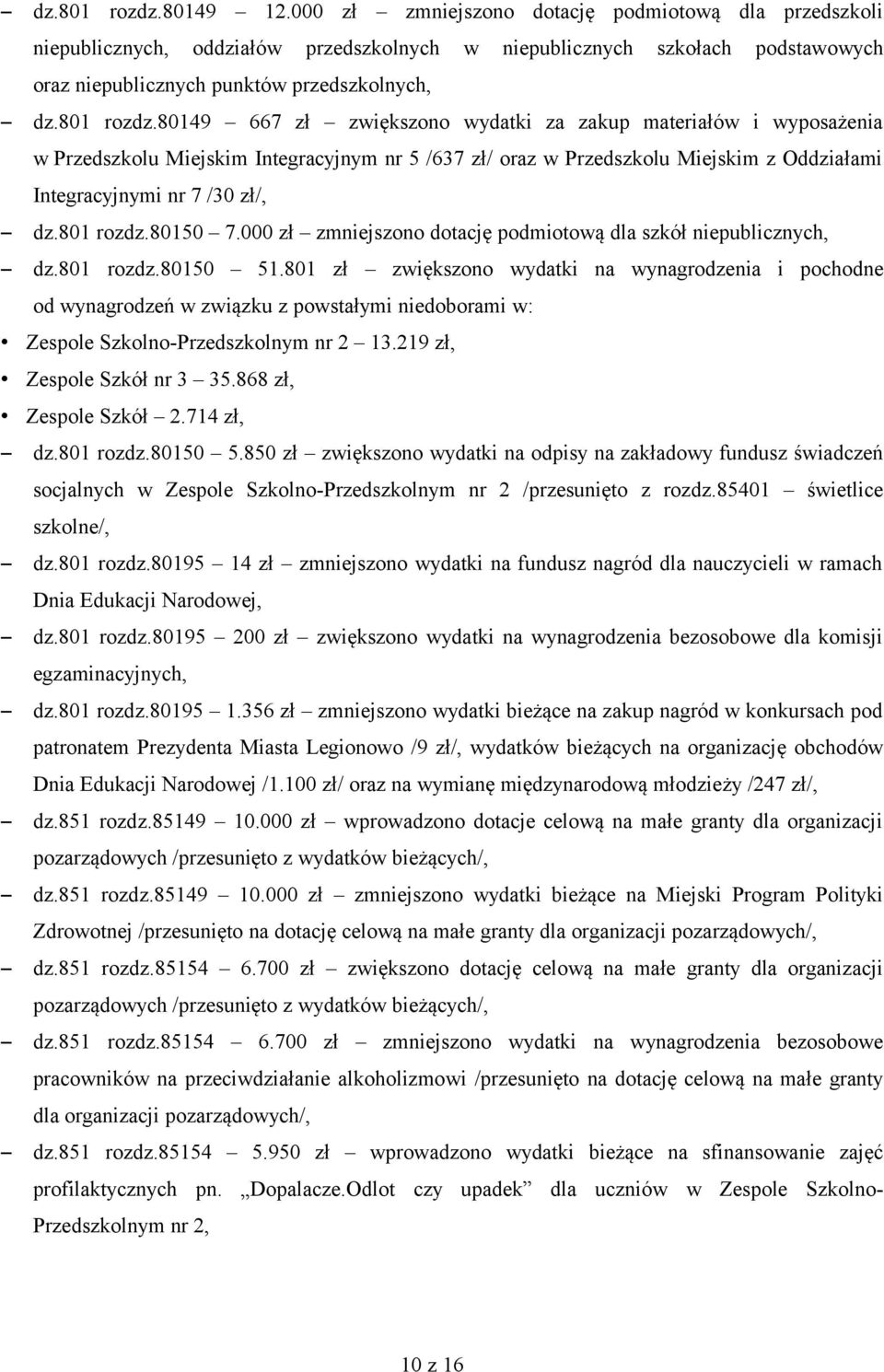 80149 667 zł zwiększono wydatki za zakup materiałów i wyposażenia w Przedszkolu Miejskim Integracyjnym nr 5 /637 zł/ oraz w Przedszkolu Miejskim z Oddziałami Integracyjnymi nr 7 /30 zł/, dz.801 rozdz.