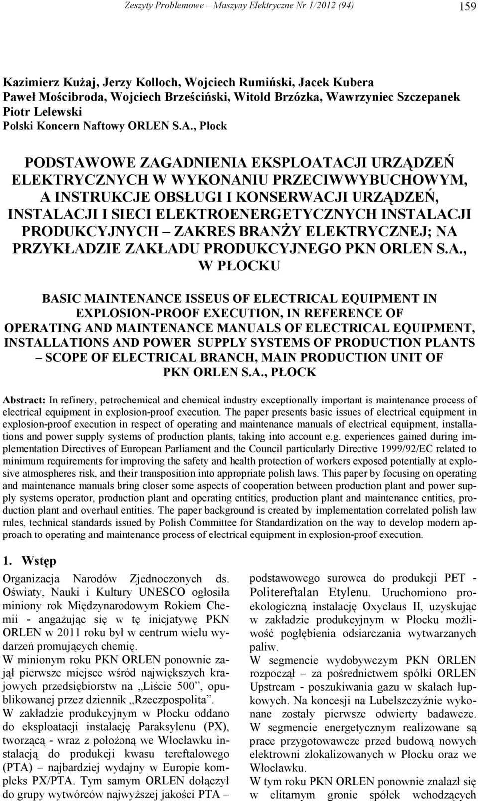 , Płock PODSTAWOWE ZAGADNIENIA EKSPLOATACJI URZĄDZEŃ ELEKTRYCZNYCH W WYKONANIU PRZECIWWYBUCHOWYM, A INSTRUKCJE OBSŁUGI I KONSERWACJI URZĄDZEŃ, INSTALACJI I SIECI ELEKTROENERGETYCZNYCH INSTALACJI
