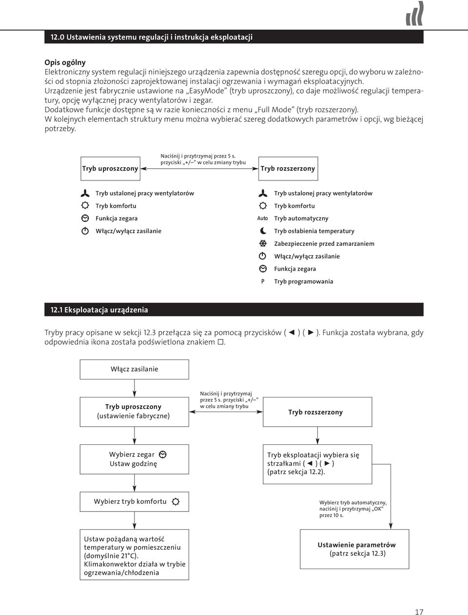 Urządzenie jest fabrycznie ustawione na EasyMode (tryb uproszczony), co daje możliwość regulacji temperatury, opcję wyłącznej pracy wentylatorów i zegar.