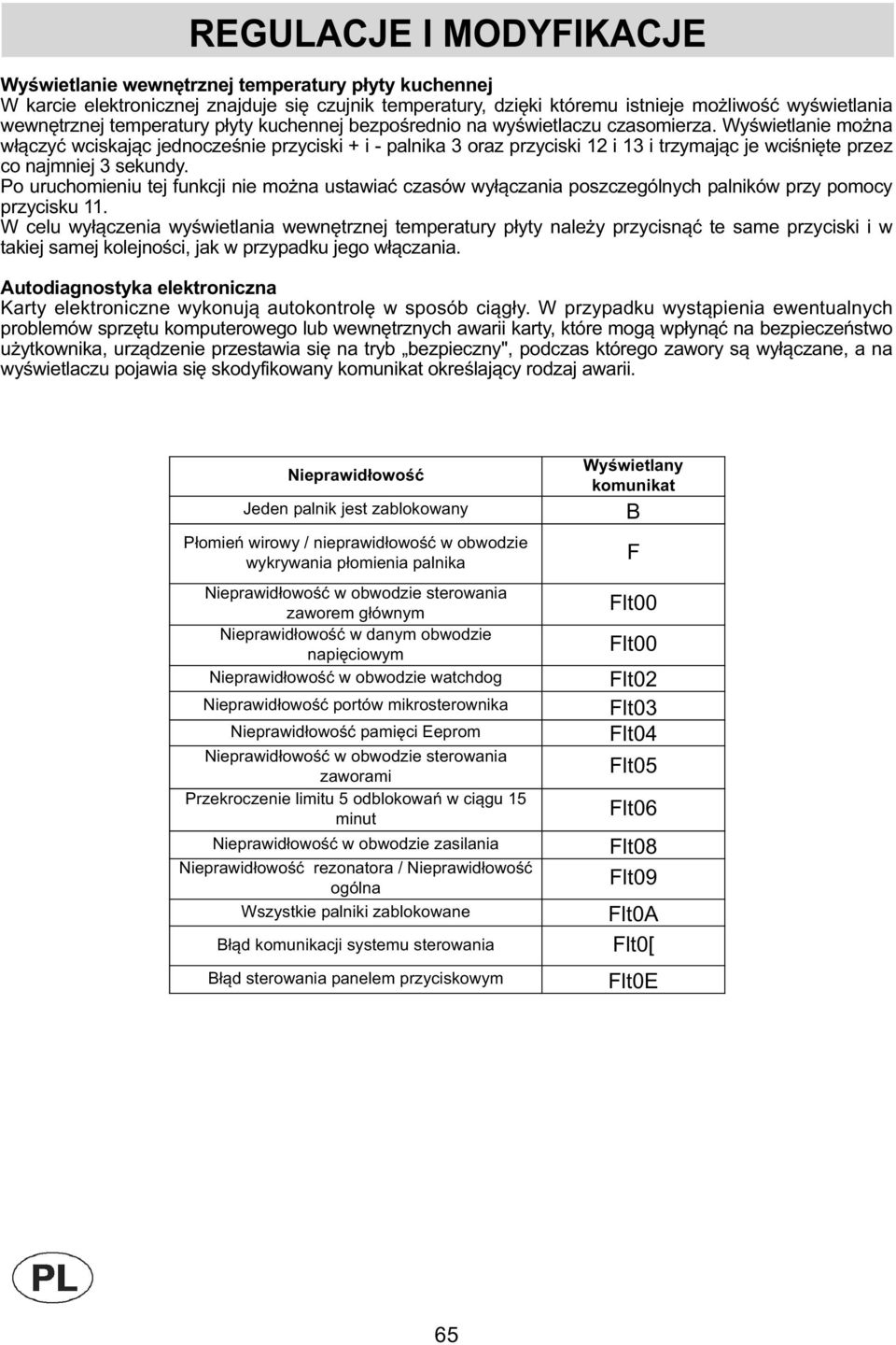 Wyświetlanie można włączyć wciskając jednocześnie przyciski + i - palnika 3 oraz przyciski 12 i 13 i trzymając je wciśnięte przez co najmniej 3 sekundy.