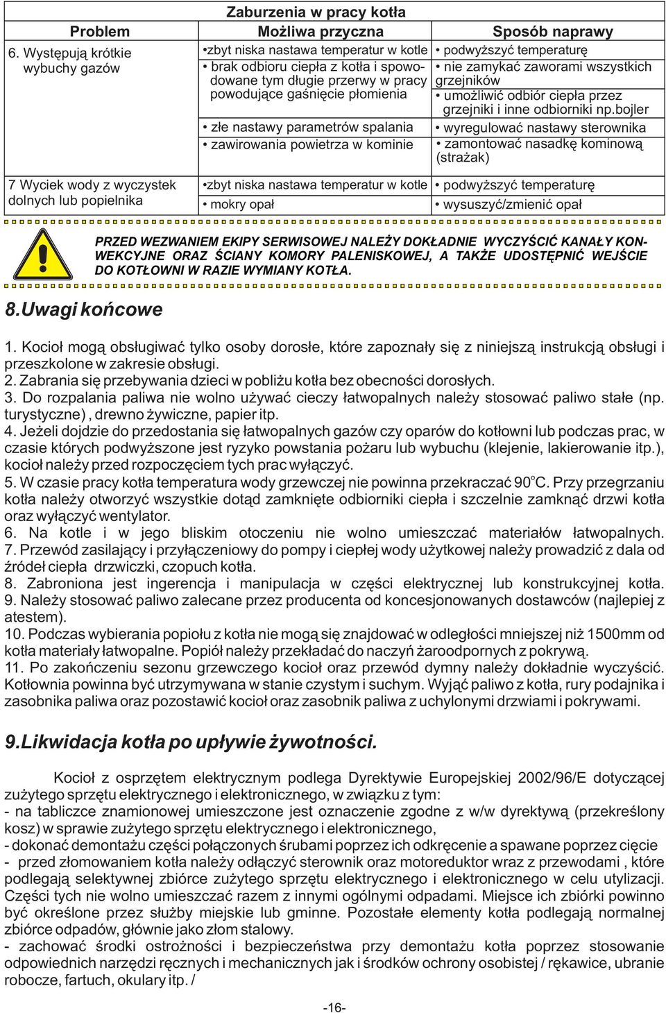 spowodowane tym długie przerwy w pracy powodujące gaśnięcie płomienia złe nastawy parametrów spalania zawirowania powietrza w kominie zbyt niska nastawa temperatur w kotle mokry opał Sposób naprawy