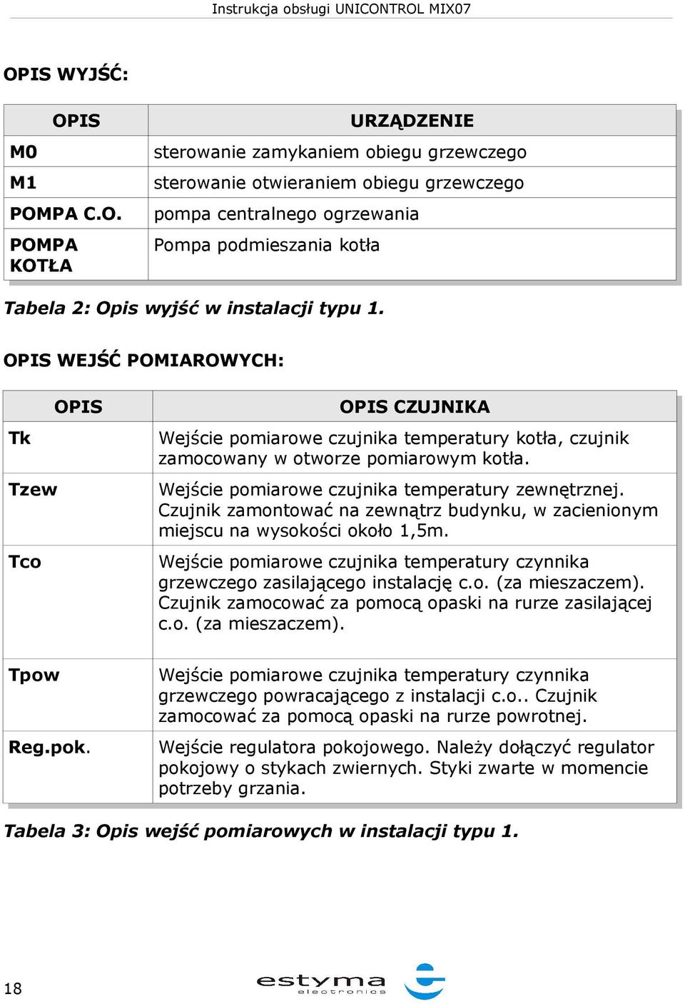 Czujnik zamontować na zewnątrz budynku, w zacienionym miejscu na wysokości około 1,5m. Tco Wejście pomiarowe czujnika temperatury czynnika grzewczego zasilającego instalację c.o. (za mieszaczem).