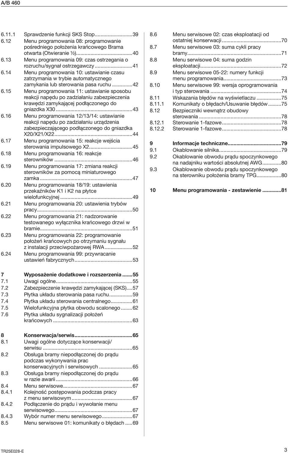 ..42 6.15 Menu programowania 11: ustawianie sposobu reakcji napędu po zadziałaniu zabezpieczenia krawędzi zamykającej podłączonego do gniazdka X30...43 6.