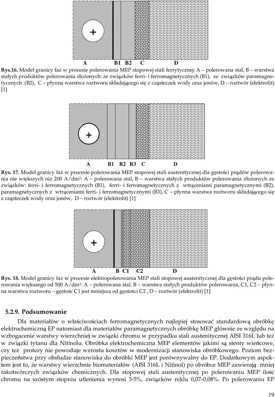 związków paramagnetycznych (B2), C płynna warstwa roztworu składającego się z cząsteczek wody oraz jonów, D roztwór (elektrolit) [1] + A B1 B2 B3 C D Rys. 17.