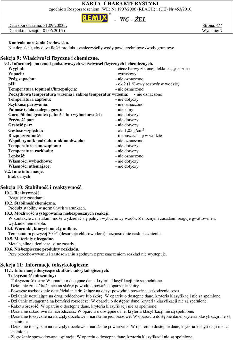 Wygląd: - ciecz barwy zielonej, lekko zagęszczona Zapach: - cytrusowy Próg zapachu: ph: - ok.