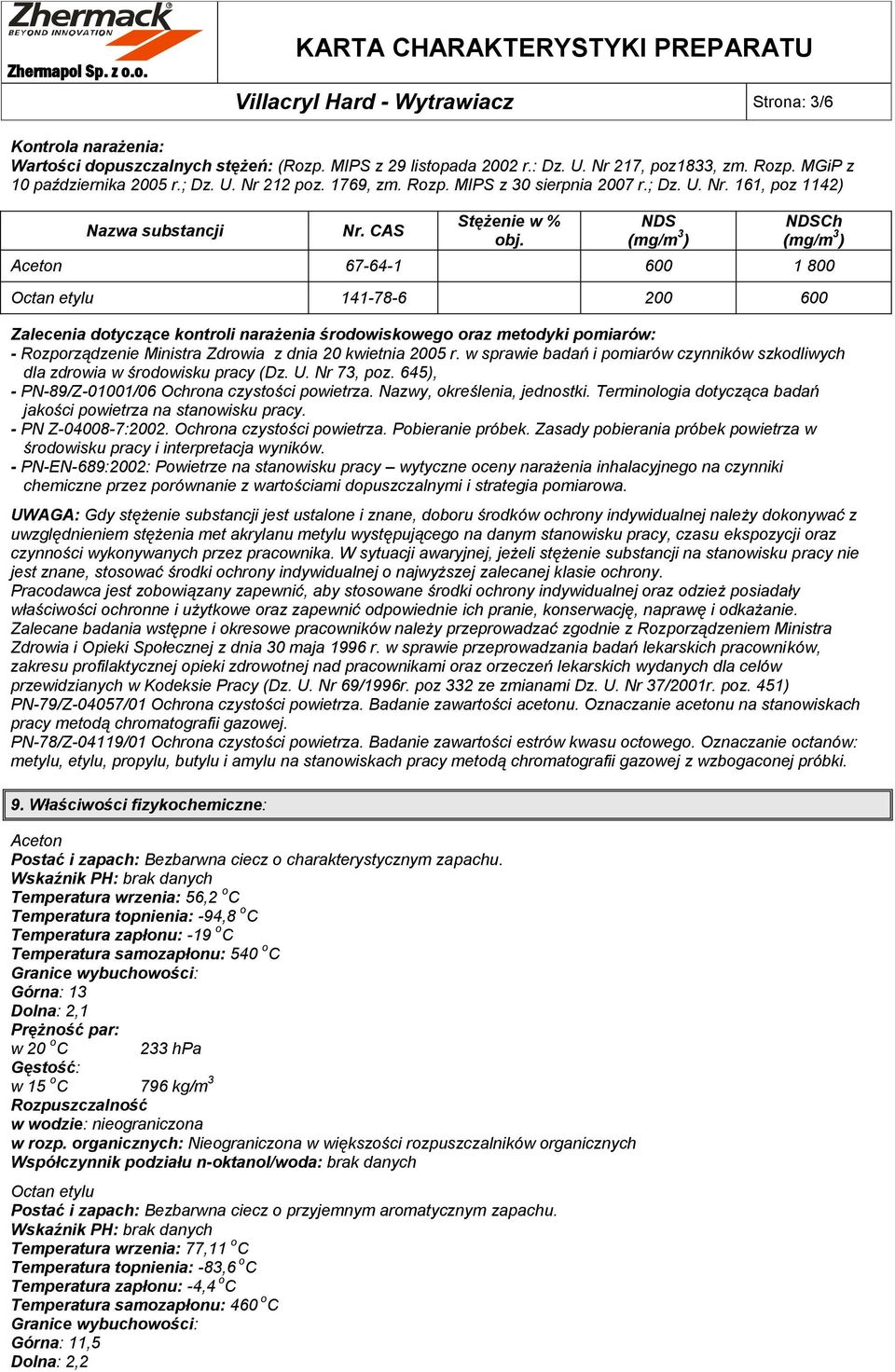 NDS (mg/m 3 ) NDSCh (mg/m 3 ) Aceton 67-64-1 600 1 800 Octan etylu 141-78-6 200 600 Zalecenia dotyczące kontroli narażenia środowiskowego oraz metodyki pomiarów: - Rozporządzenie Ministra Zdrowia z