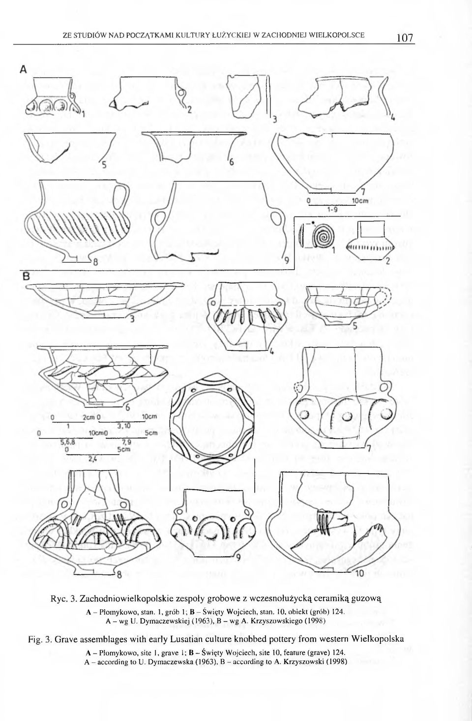 10, obiekt (grób) 124. A - wg U. Dymaczewskiej (1963), B - wg A. Krzyszowskiego (1998) Fig. 3.