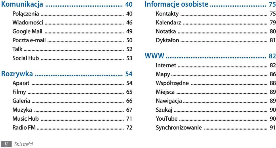 .. 72 Informacje osobiste... 75 Kontakty... 75 Kalendarz... 79 Notatka... 80 Dyktafon... 81 WWW... 82 Internet.