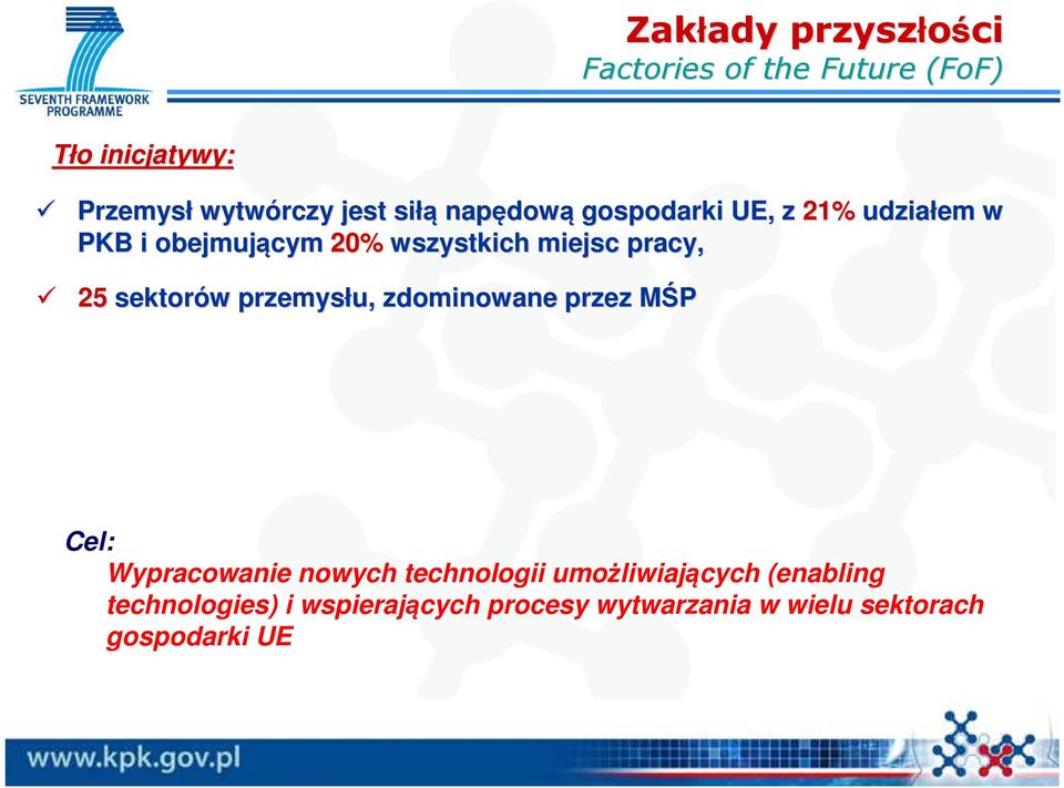 25 sektorów w przemysłu, zdominowane przez MŚPM Cel: Wypracowanie nowych technologii