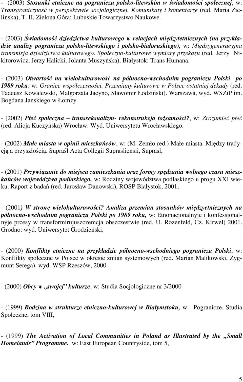 - (2003) Świadomość dziedzictwa kulturowego w relacjach międzytetnicznych (na przykładzie analizy pogranicza polsko-litewskiego i polsko-białoruskiego), w: Międzygeneracyjna transmisja dziedzictwa