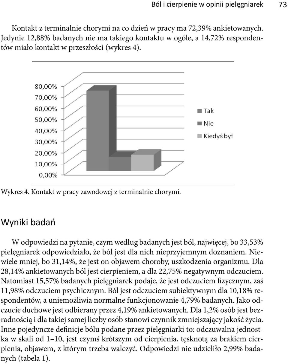 Wyniki badań W odpowiedzi na pytanie, czym według badanych jest ból, najwięcej, bo 33,53% pielęgniarek odpowiedziało, że ból jest dla nich nieprzyjemnym doznaniem.