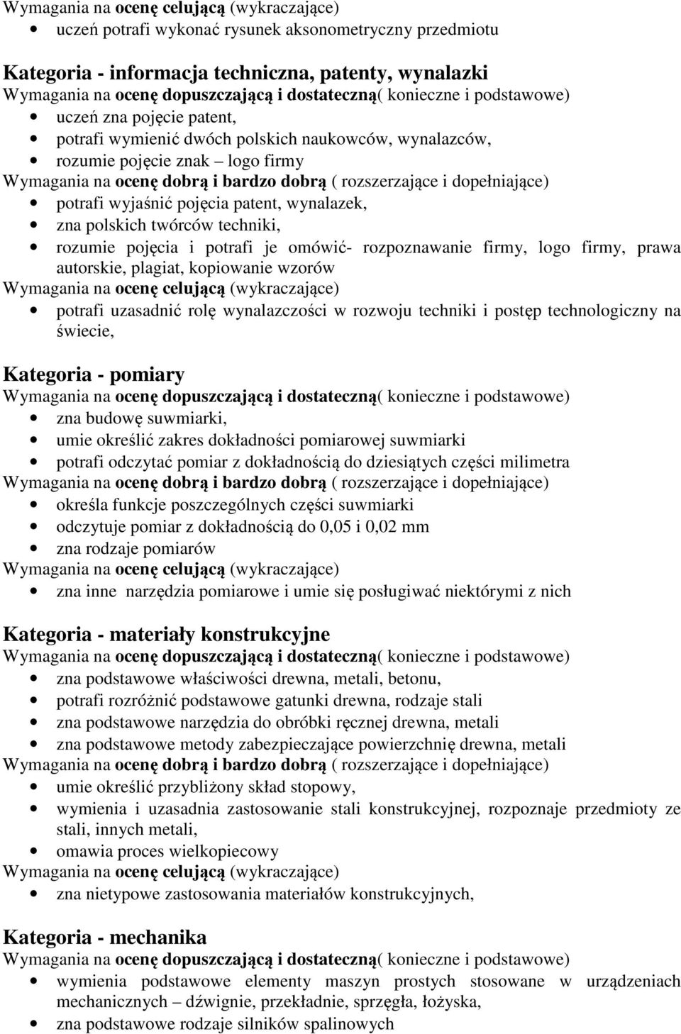 kopiowanie wzorów potrafi uzasadnić rolę wynalazczości w rozwoju techniki i postęp technologiczny na świecie, Kategoria - pomiary zna budowę suwmiarki, umie określić zakres dokładności pomiarowej