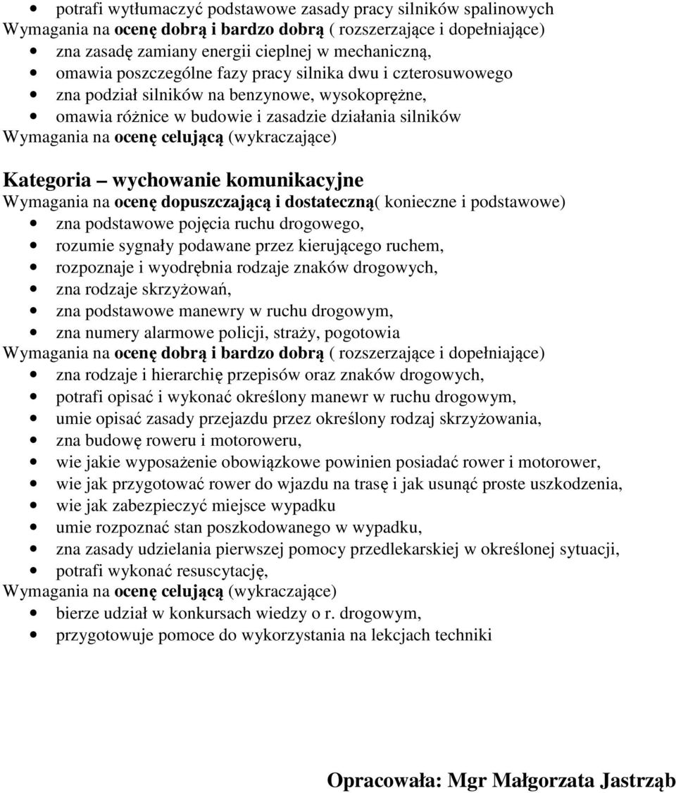 ruchem, rozpoznaje i wyodrębnia rodzaje znaków drogowych, zna rodzaje skrzyżowań, zna podstawowe manewry w ruchu drogowym, zna numery alarmowe policji, straży, pogotowia zna rodzaje i hierarchię