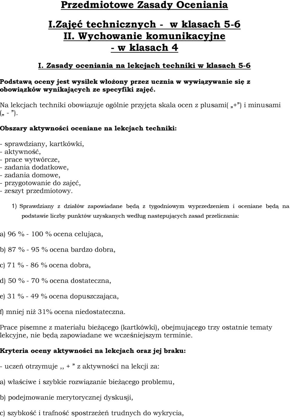 Na lekcjach techniki obowiązuje ogólnie przyjęta skala ocen z plusami( + ) i minusami ( - ).