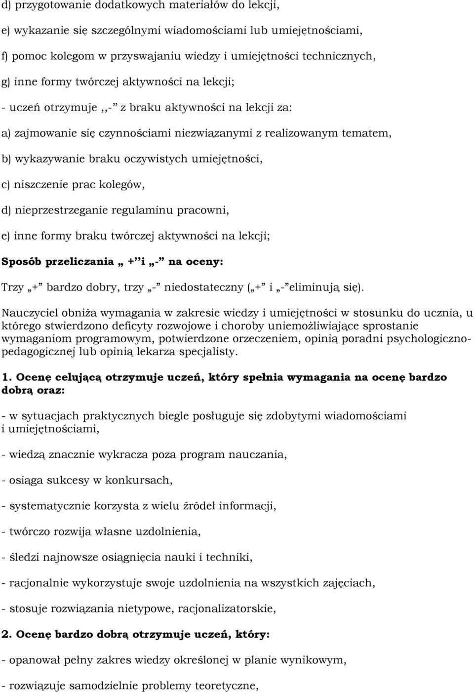 umiejętności, c) niszczenie prac kolegów, d) nieprzestrzeganie regulaminu pracowni, e) inne formy braku twórczej aktywności na lekcji; Sposób przeliczania + i - na oceny: Trzy + bardzo dobry, trzy -