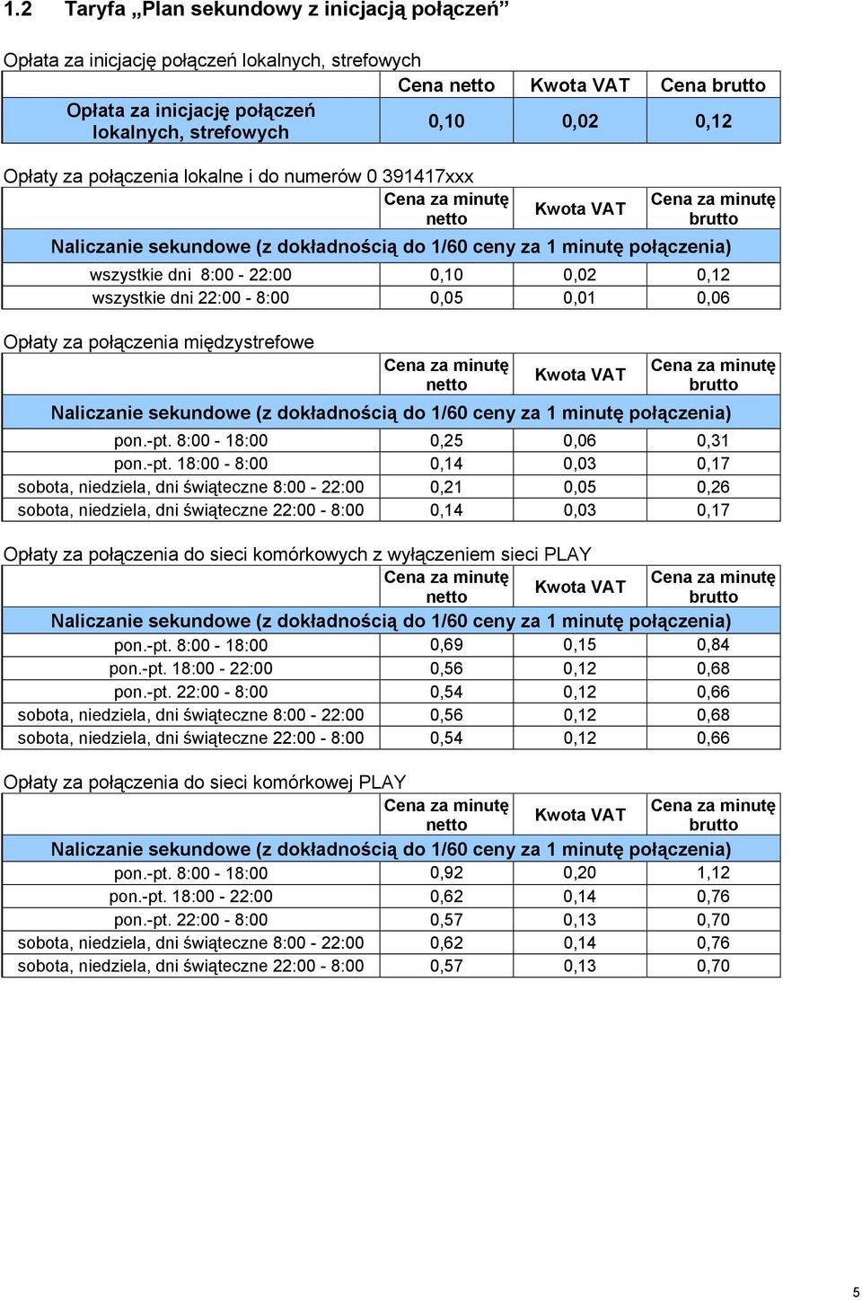 połączenia międzystrefowe Naliczanie sekundowe (z dokładnością do 1/60 ceny za 1 minutę połączenia) pon.-pt.