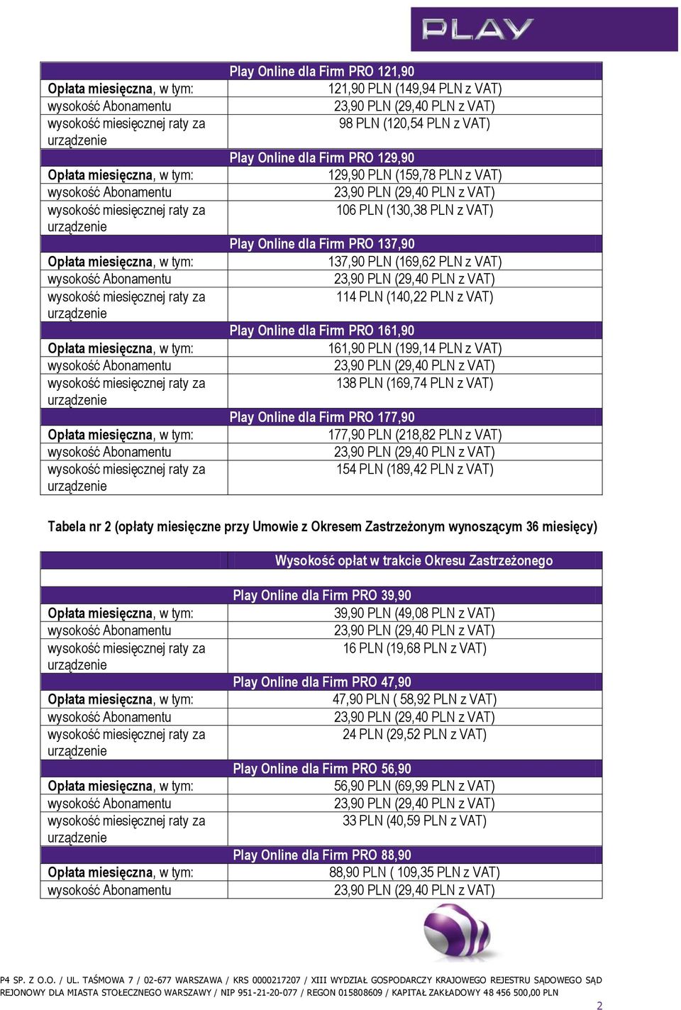 (218,82 PLN z VAT) 154 PLN (189,42 PLN z VAT) Tabela nr 2 (opłaty miesięczne przy Umowie z Okresem Zastrzeżonym wynoszącym 36 miesięcy) Wysokość opłat w trakcie Okresu Zastrzeżonego Play Online dla