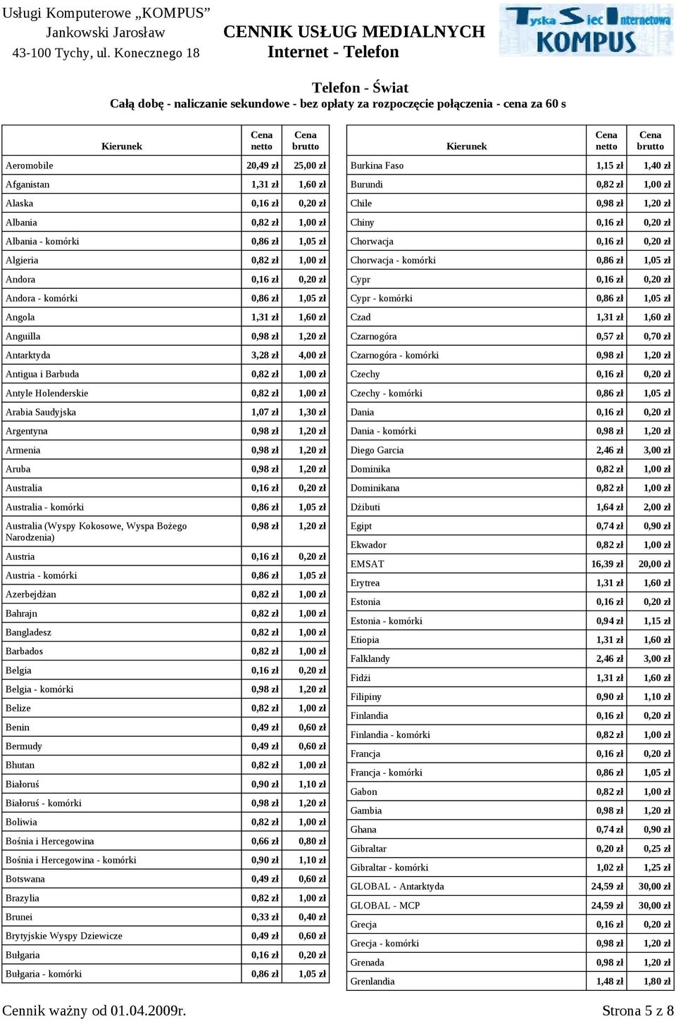Antigua i Barbuda 0,82 zł 1,00 zł Antyle Holenderskie 0,82 zł 1,00 zł Arabia Saudyjska 1,07 zł 1,30 zł Argentyna 0,98 zł 1,20 zł Armenia 0,98 zł 1,20 zł Aruba 0,98 zł 1,20 zł Australia 0,16 zł 0,20