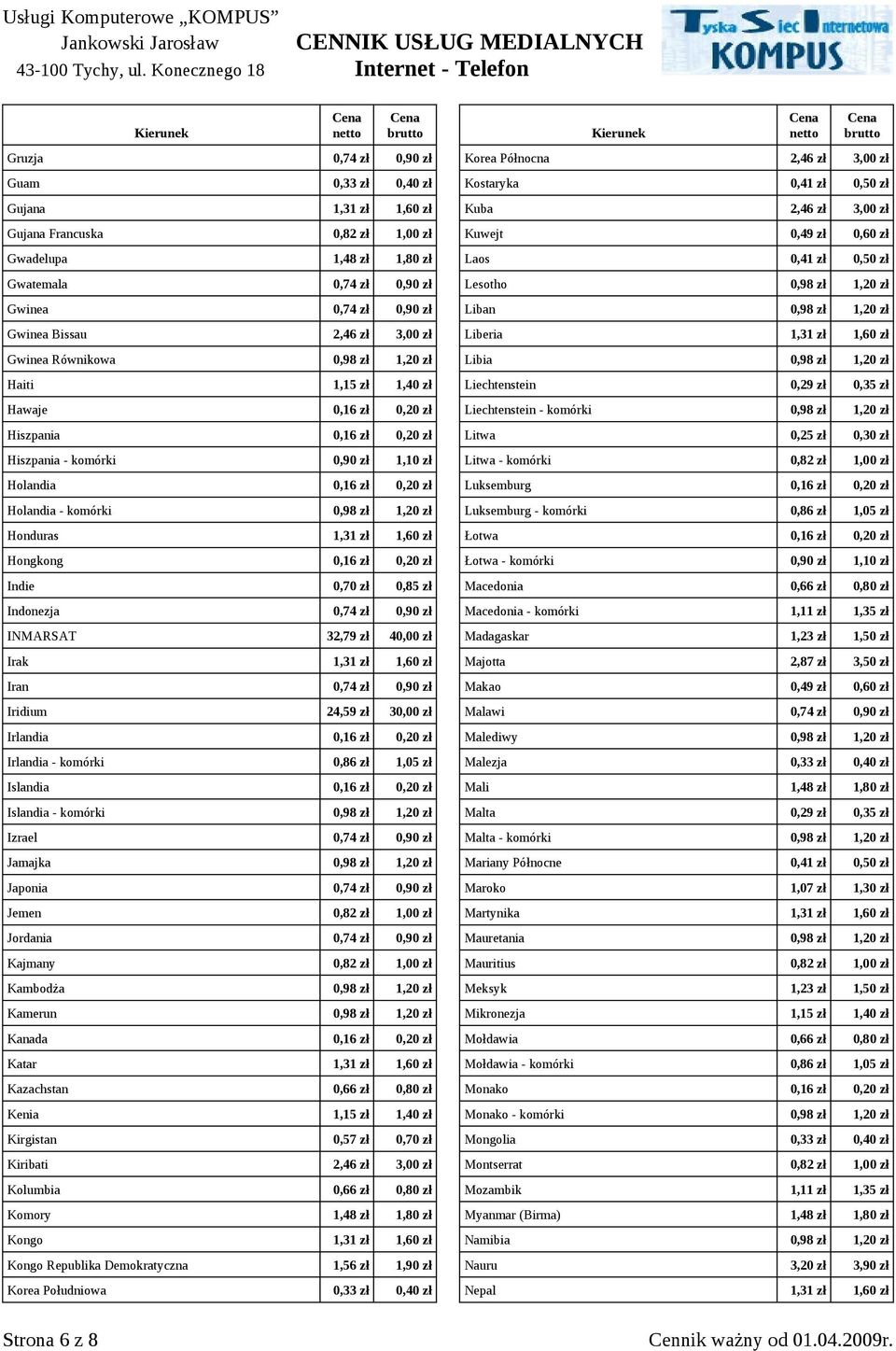 1,20 zł Honduras 1,31 zł 1,60 zł Hongkong 0,16 zł 0,20 zł Indie 0,70 zł 0,85 zł Indonezja 0,74 zł 0,90 zł INMARSAT 32,79 zł 40,00 zł Irak 1,31 zł 1,60 zł Iran 0,74 zł 0,90 zł Iridium 24,59 zł 30,00