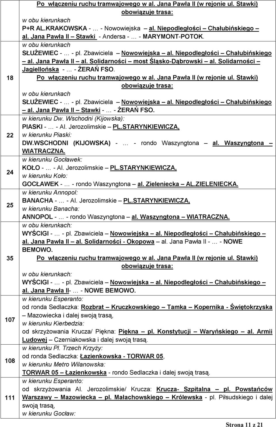 Solidarności most Śląsko-Dąbrowski al. Solidarności Jagiellońska - - ŻERAŃ FSO. Po włączeniu ruchu tramwajowego w al. Jana Pawła II (w rejonie ul.