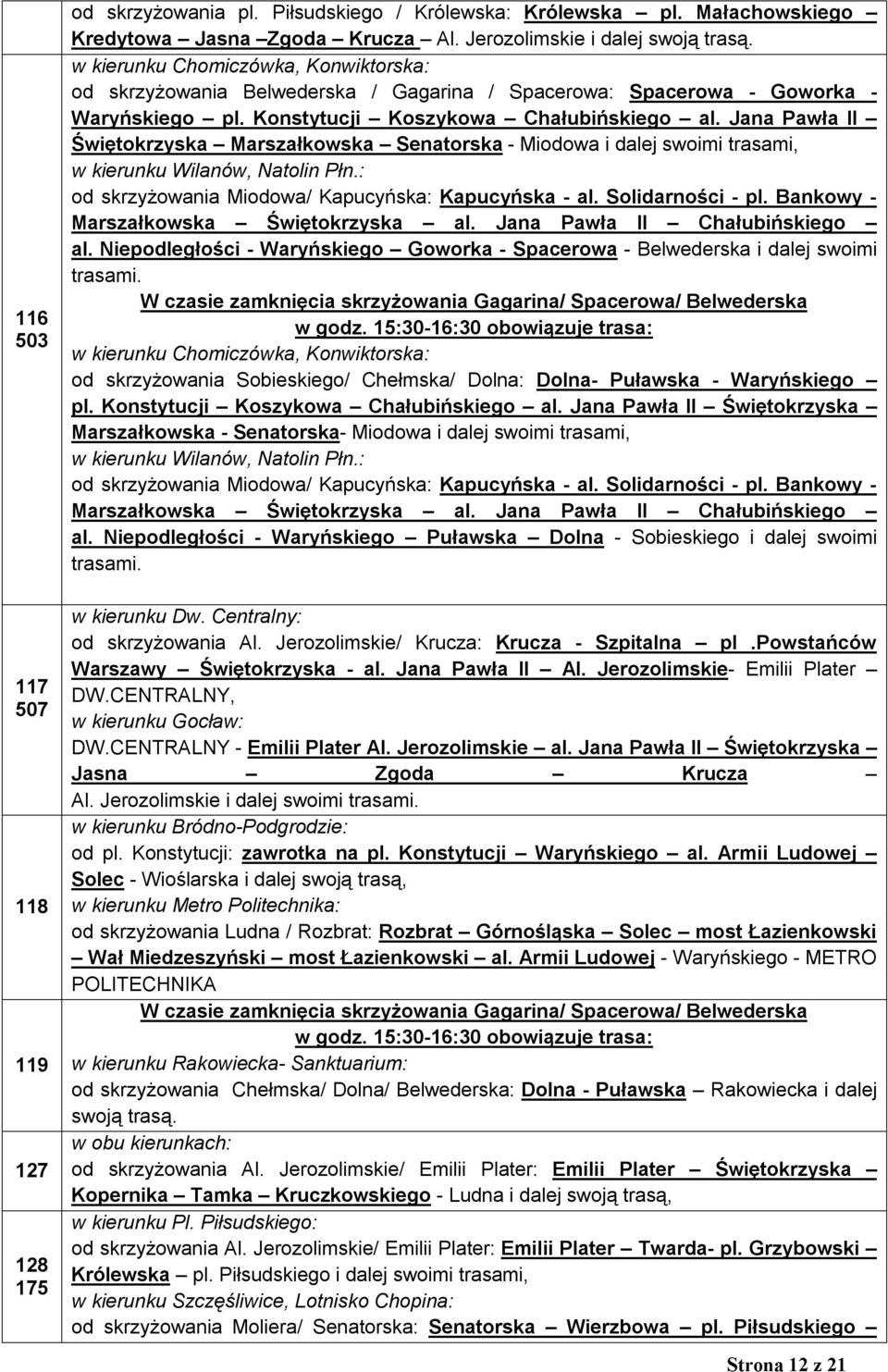 Jana Pawła II Świętokrzyska Marszałkowska Senatorska - Miodowa i dalej swoimi trasami, w kierunku Wilanów, Natolin Płn.: od skrzyżowania Miodowa/ Kapucyńska: Kapucyńska - al. Solidarności - pl.