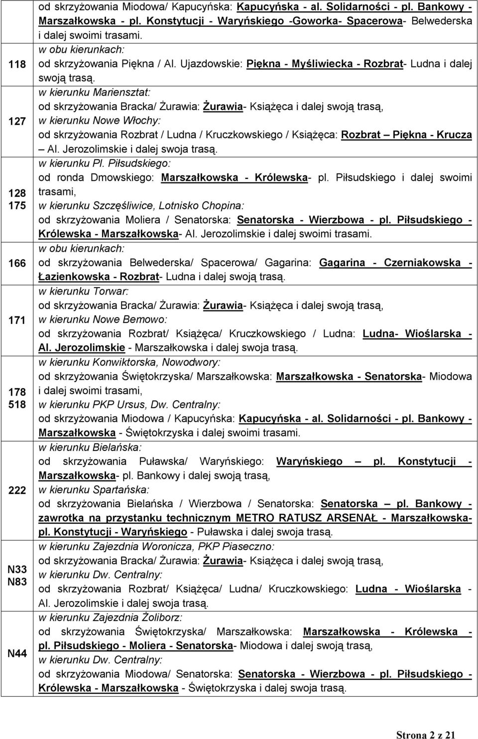 w kierunku Mariensztat: od skrzyżowania Bracka/ Żurawia: Żurawia- Książęca i dalej swoją trasą, w kierunku Nowe Włochy: od skrzyżowania Rozbrat / Ludna / Kruczkowskiego / Książęca: Rozbrat Piękna -