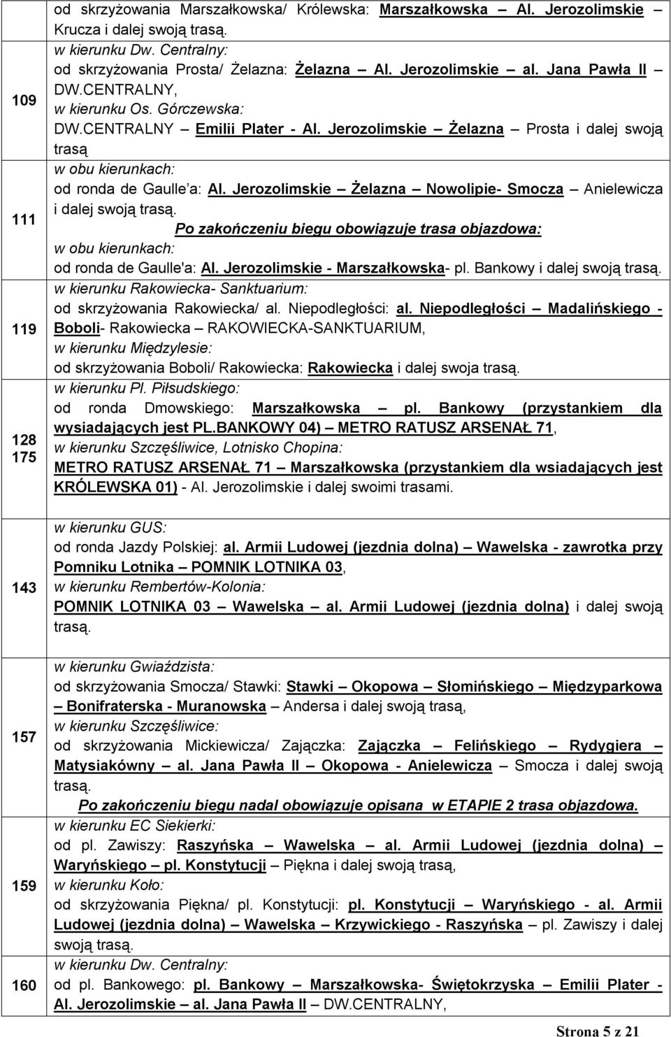 Jerozolimskie Żelazna Nowolipie- Smocza Anielewicza i dalej swoją trasą. Po zakończeniu biegu obowiązuje trasa objazdowa: od ronda de Gaulle'a: Al. Jerozolimskie - Marszałkowska- pl.