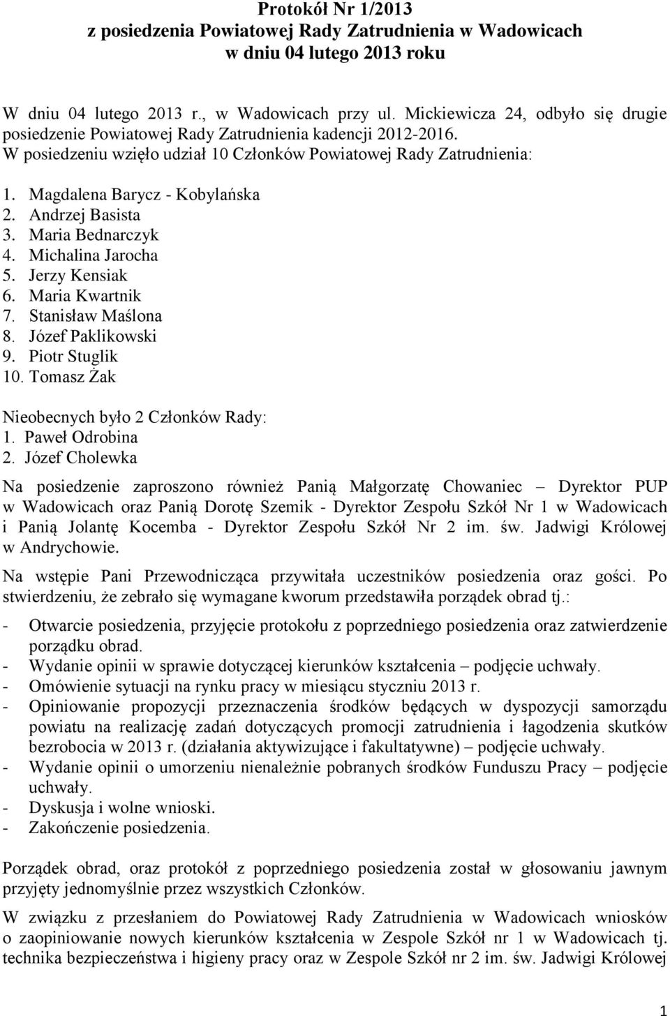 Andrzej Basista 3. Maria Bednarczyk 4. Michalina Jarocha 5. Jerzy Kensiak 6. Maria Kwartnik 7. Stanisław Maślona 8. Józef Paklikowski 9. Piotr Stuglik 10.