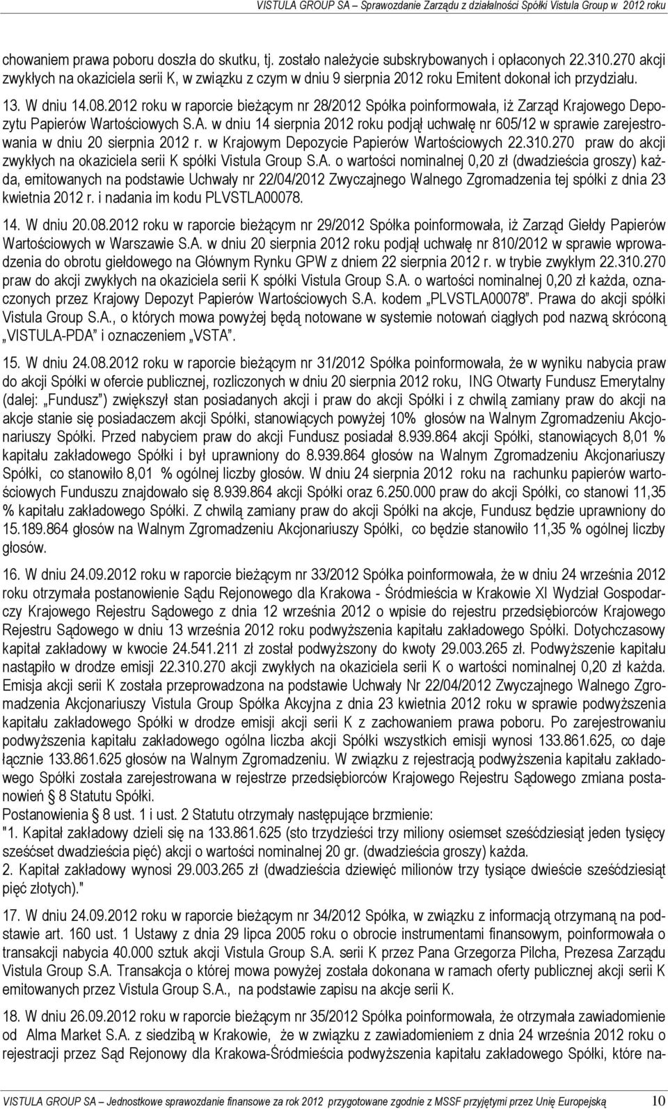 2012 roku w raporcie bieżącym nr 28/2012 Spółka poinformowała, iż Zarząd Krajowego Depozytu Papierów Wartościowych S.A.