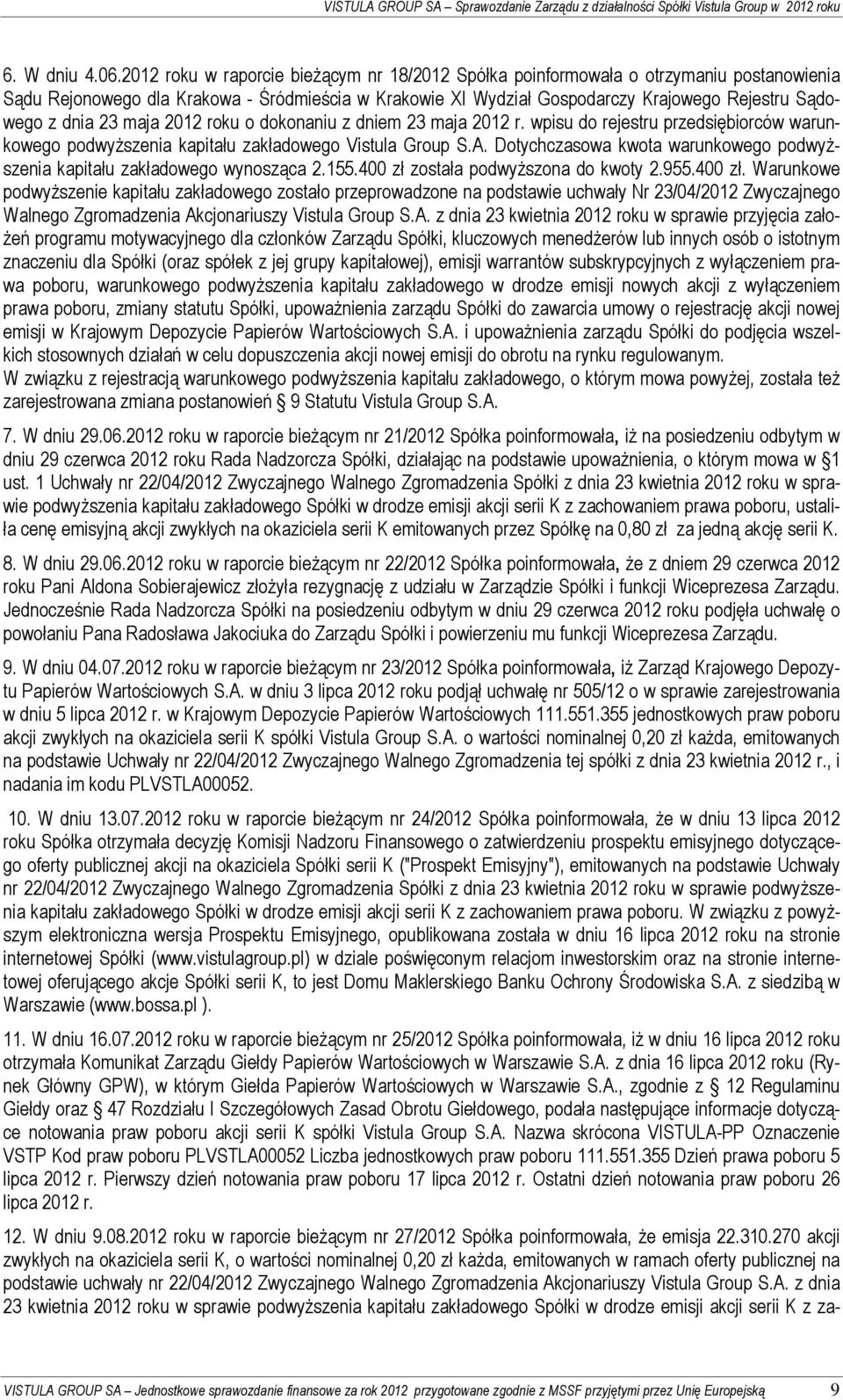 23 maja 2012 roku o dokonaniu z dniem 23 maja 2012 r. wpisu do rejestru przedsiębiorców warunkowego podwyższenia kapitału zakładowego Vistula Group S.A.
