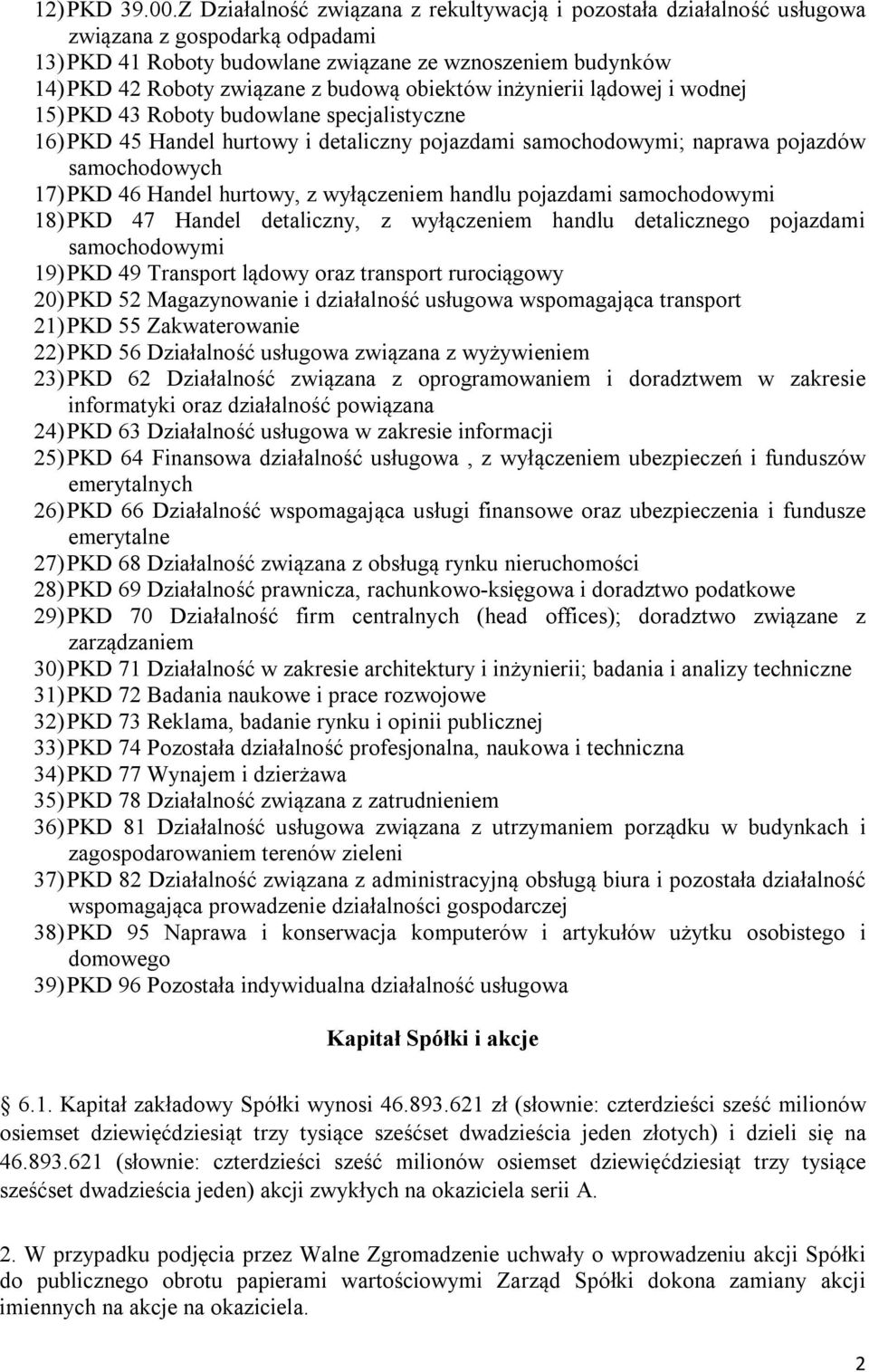 obiektów inżynierii lądowej i wodnej 15) PKD 43 Roboty budowlane specjalistyczne 16) PKD 45 Handel hurtowy i detaliczny pojazdami samochodowymi; naprawa pojazdów samochodowych 17) PKD 46 Handel