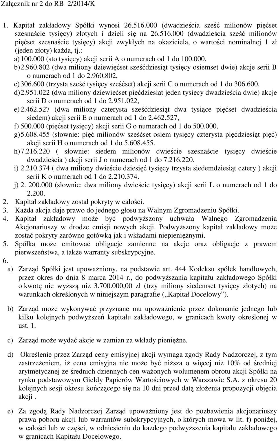 600 (trzysta sześć tysięcy sześćset) akcji serii C o numerach od 1 do 306.600, d) 2.951.022 (dwa miliony dziewięćset pięćdziesiąt jeden tysięcy dwadzieścia dwie) akcje serii D o numerach od 1 do 2.