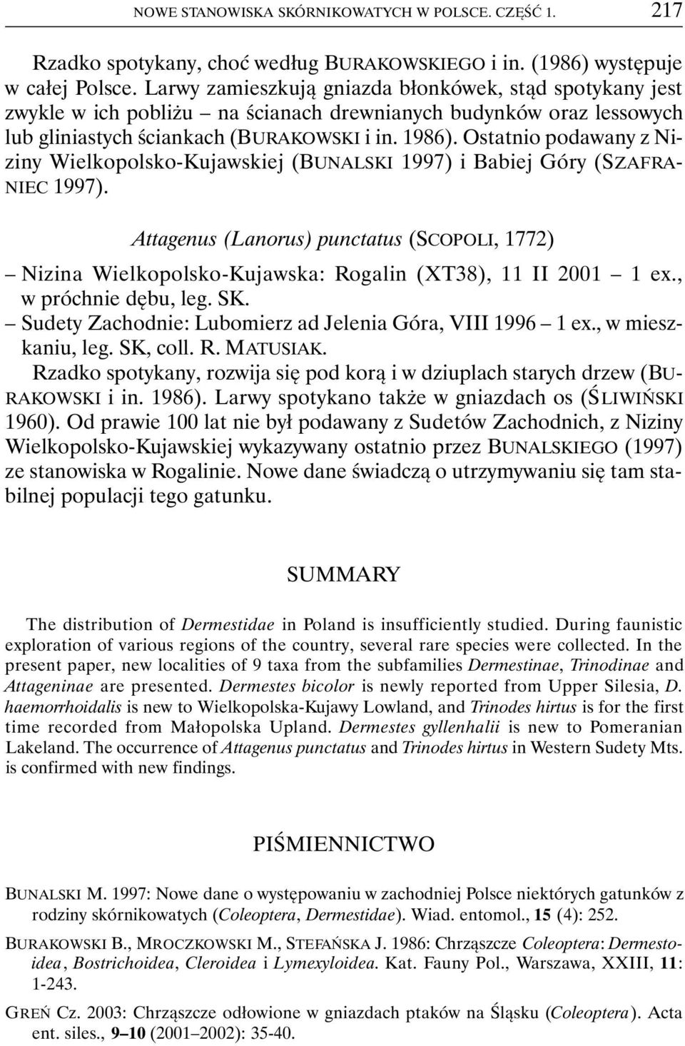 Ostatnio podawany z Niziny Wielkopolsko-Kujawskiej (BUNALSKI 1997) i Babiej Góry (SZAFRA- NIEC 1997).