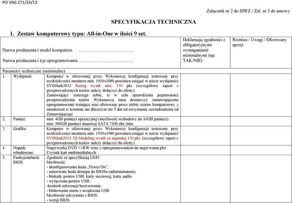 Wydajność Komputer w oferowanej przez Wykonawcę konfiguracji testowany przy rozdzielczości monitora min. 1920x1080 powinien osiągać w teście wydajności SYSMark2012 Rating wynik min.