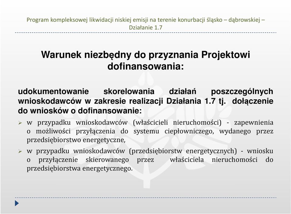 dołączenie do wniosków o dofinansowanie: w przypadku wnioskodawców (właścicieli nieruchomości) - zapewnienia o możliwości przyłączenia