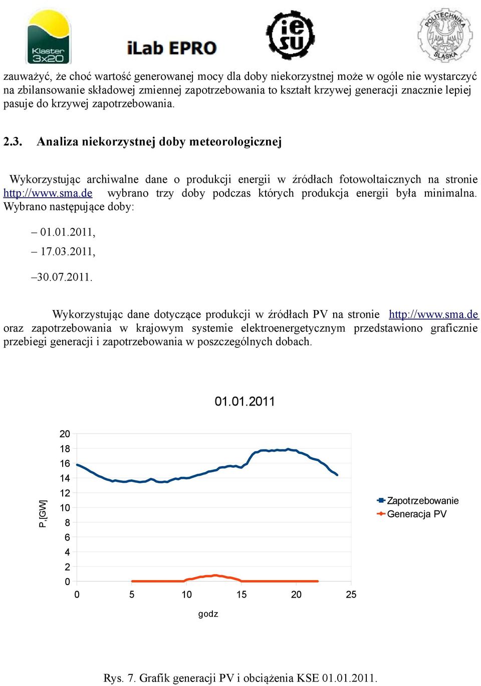 de wybrano trzy doby podczas których produkcja energii była minimalna. Wybrano następujące doby: 1.1.11, 17.3.11, 3.7.11. Wykorzystując dane dotyczące produkcji w źródłach PV na stronie http://www.