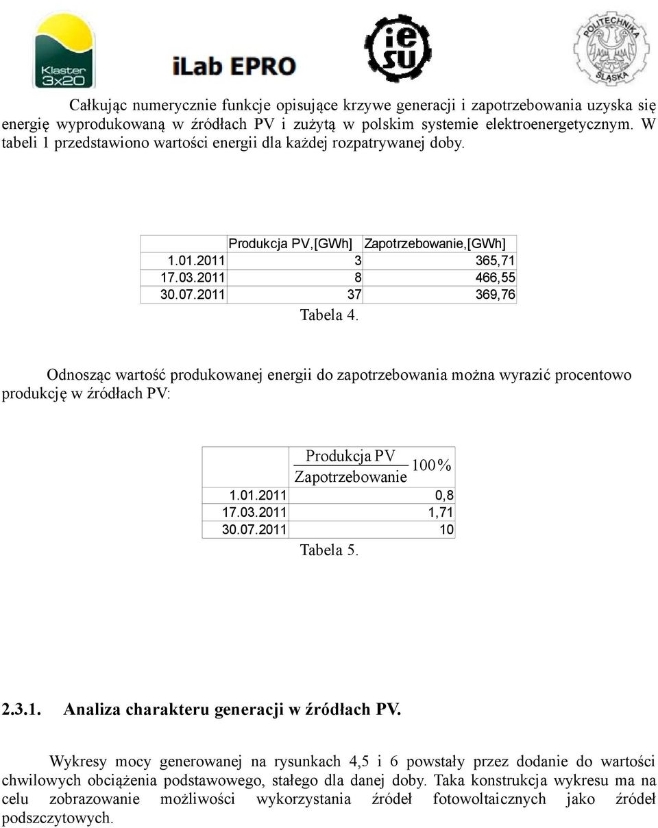 Odnosząc wartość produkowanej energii do zapotrzebowania można wyrazić procentowo produkcję w źródłach PV: Produkcja PV % 1.1.11 17.3.11 3.7.11,8 1,71 Tabela. 2.3.1. Analiza charakteru generacji w źródłach PV.