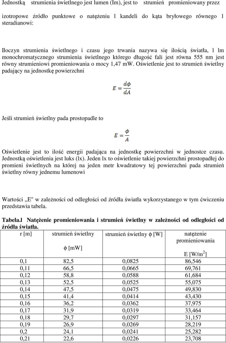 Oświetlenie jest to strumień świetlny padający na jednostkę powierzchni Jeśli strumień świetlny pada prostopadle to Oświetlenie jest to ilość energii padająca na jednostkę powierzchni w jednostce