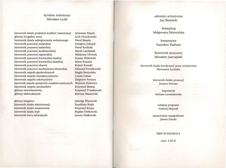kierownik pracowni krawieckiej męskiej Roman Żbikowski kierownik pracowni krawieckiej damskiej Maria Kosecka kierownik pracowni obuwia Robert Rotuski kierownik pracowni mechaniczno-ślusarskiej Edmund