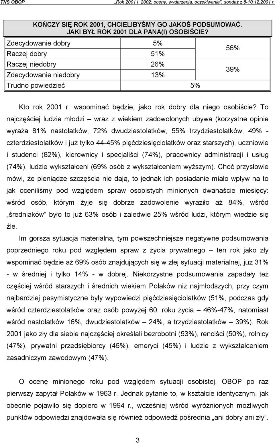 To najczęściej ludzie młodzi wraz z wiekiem zadowolonych ubywa (korzystne opinie wyraża 81% nastolatków, 72% dwudziestolatków, 55% trzydziestolatków, 49% - czterdziestolatków i już tylko 44-45%