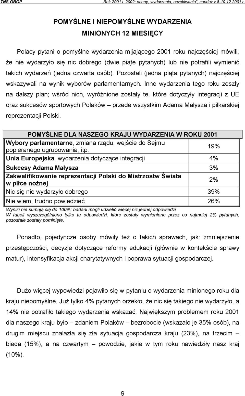 Inne wydarzenia tego roku zeszły na dalszy plan; wśród nich, wyróżnione zostały te, które dotyczyły integracji z UE oraz sukcesów sportowych Polaków przede wszystkim Adama Małysza i piłkarskiej