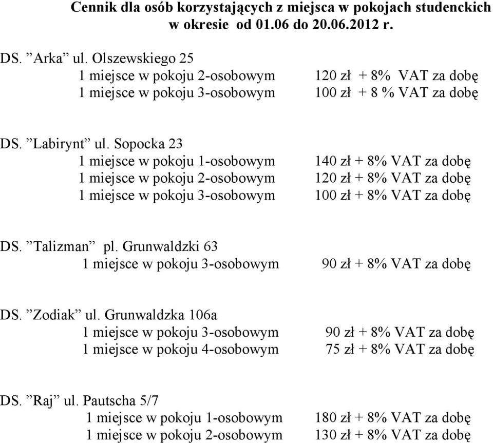 Sopocka 23 1 miejsce w pokoju 1osobowym 1 miejsce w pokoju 2osobowym 1 miejsce w pokoju 3osobowym 140 zł + 8% VAT za dobę 120 zł + 8% VAT za dobę 100 zł + 8% VAT za dobę DS. Talizman pl.