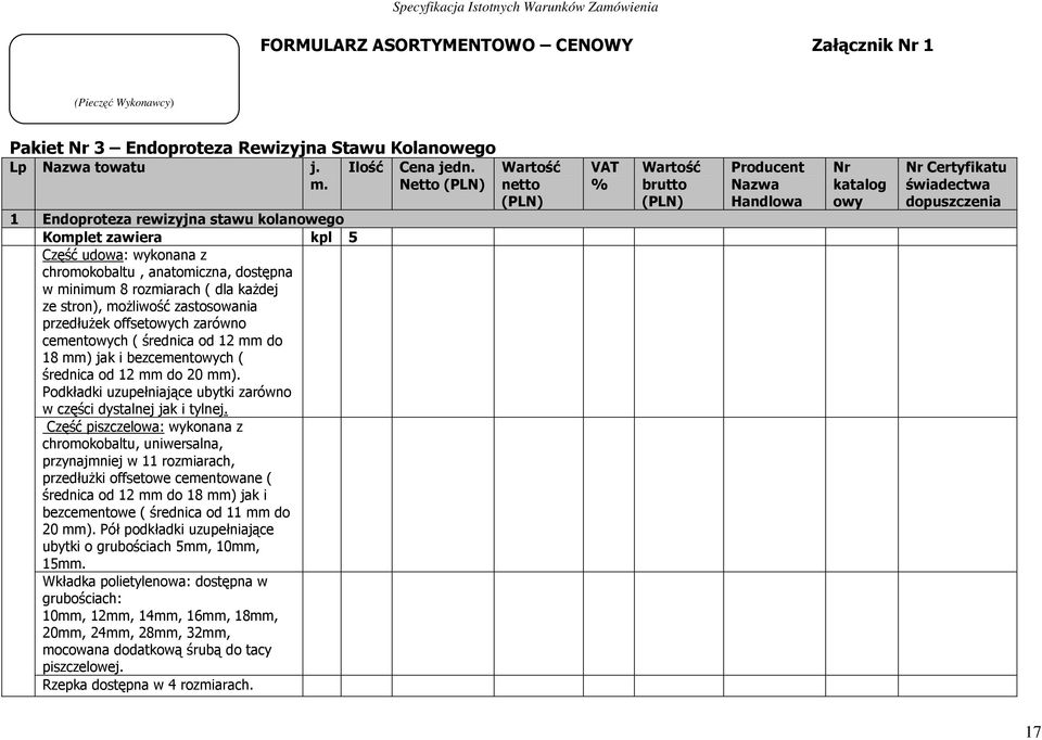 przedłuŝek offsetowych zarówno cementowych ( średnica od 12 mm do 18 mm) jak i bezcementowych ( średnica od 12 mm do 20 mm). Podkładki uzupełniające ubytki zarówno w części dystalnej jak i tylnej.