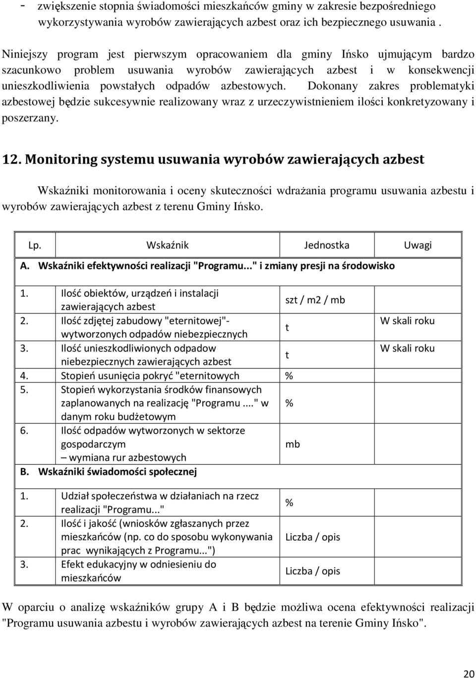 azbestowych. Dokonany zakres problematyki azbestowej będzie sukcesywnie realizowany wraz z urzeczywistnieniem ilości konkretyzowany i poszerzany. 12.